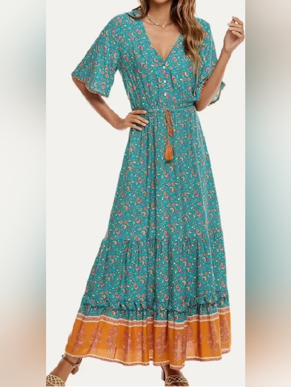 Boho, Flowy - R.Vivimos Teal Floral Women's Dress - Teal Floral